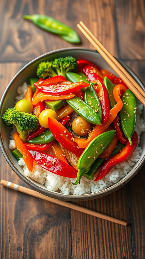 A colorful vegan stir-fry with broccoli, bell peppers, snap peas, and tofu over rice, garnished with sesame seeds.